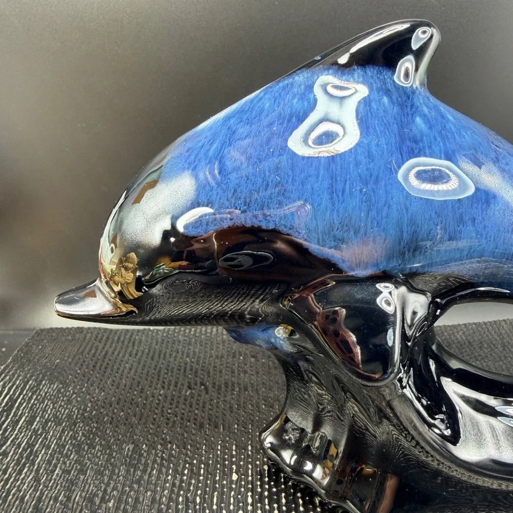 Blue Black Drip‎ Glaze Ceramic Dolphin Figurine Nautical Coastal Decor 7 Inch
